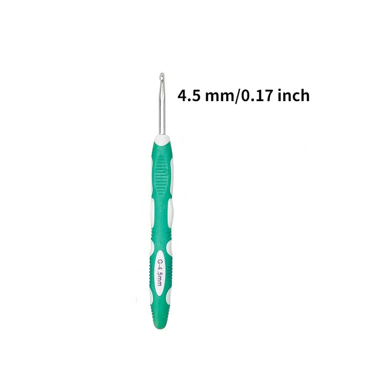 A green ergonomic crochet hook and needle set with a 4.5 mm / 0.17 inch size.