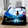 An animated print blanket featuring the character Coraline in a dark, magical setting with a large glowing eye.