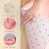 Close-up view of a plush pink bedroom carpet showing non-slip backing, suppleness, and fine overlock stitching.
