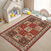 A detailed bohemian Persian area rug featuring intricate floral patterns in red, blue, and cream tones.