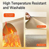 A product demonstrating high temperature resistance and washability, showing a sheet being cut and a sheet being washed.