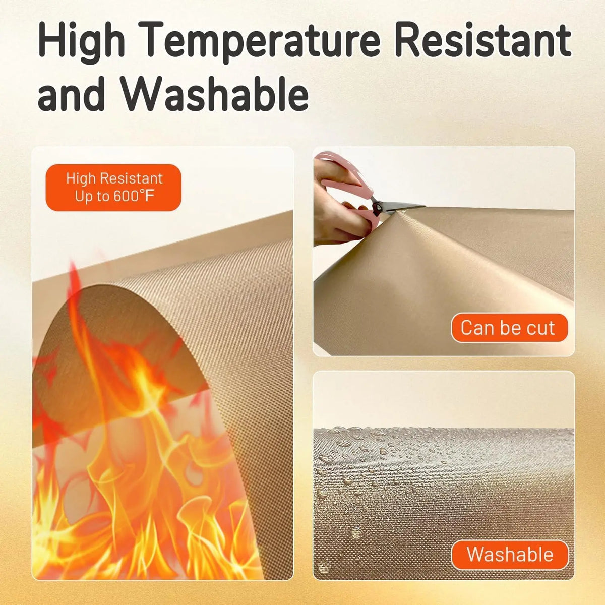 A product demonstrating high temperature resistance and washability, showing a sheet being cut and a sheet being washed.