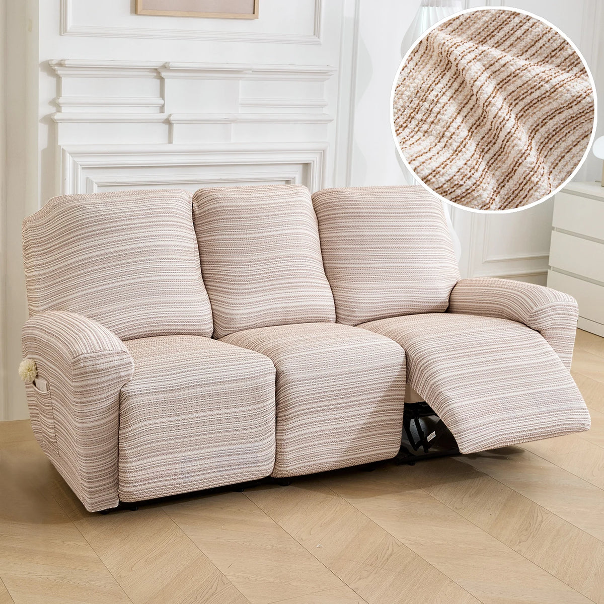 A beige chenille recliner sofa slipcover in a striped pattern shown indoors.