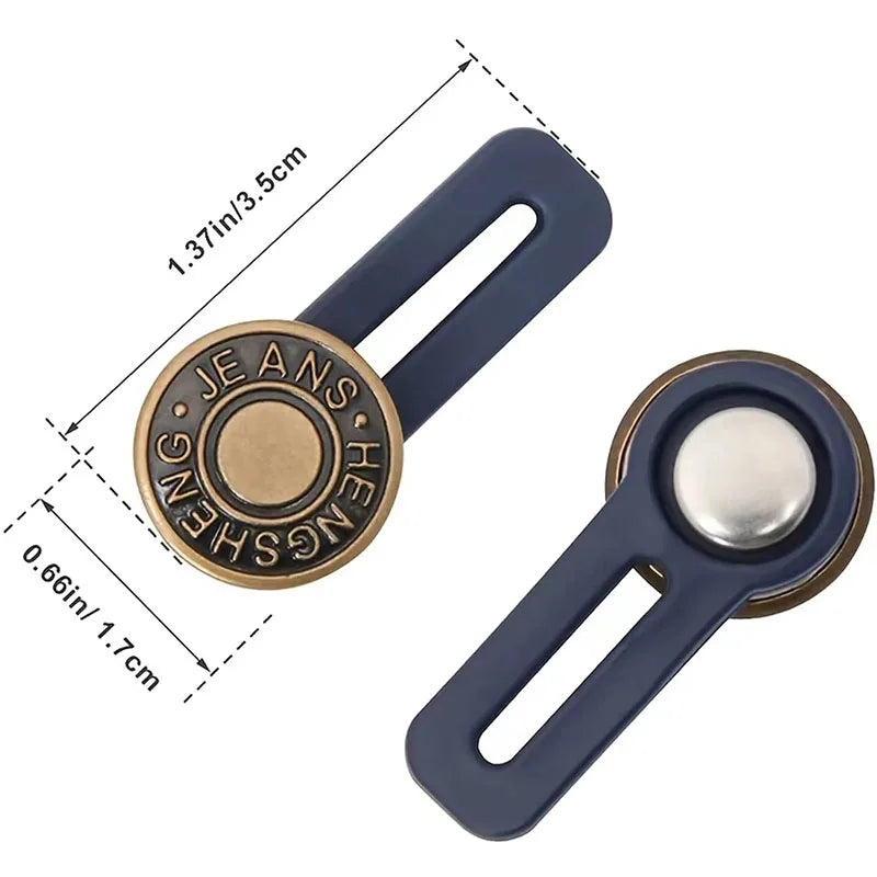 A set of five adjustable pant waist extender buttons with a gold-toned disc and a dark blue plastic extender.