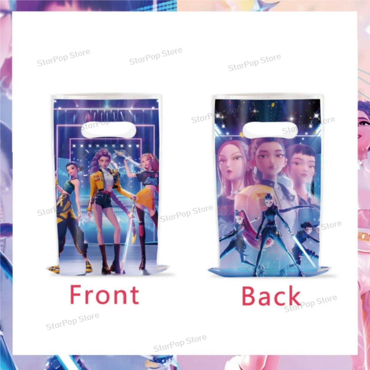 Front and back views of cartoon paper gift bags for parties and small treats featuring anime-style characters