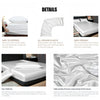 A white satin bedding set featuring a fitted sheet and pillow, highlighting its smooth texture and elastic band features.