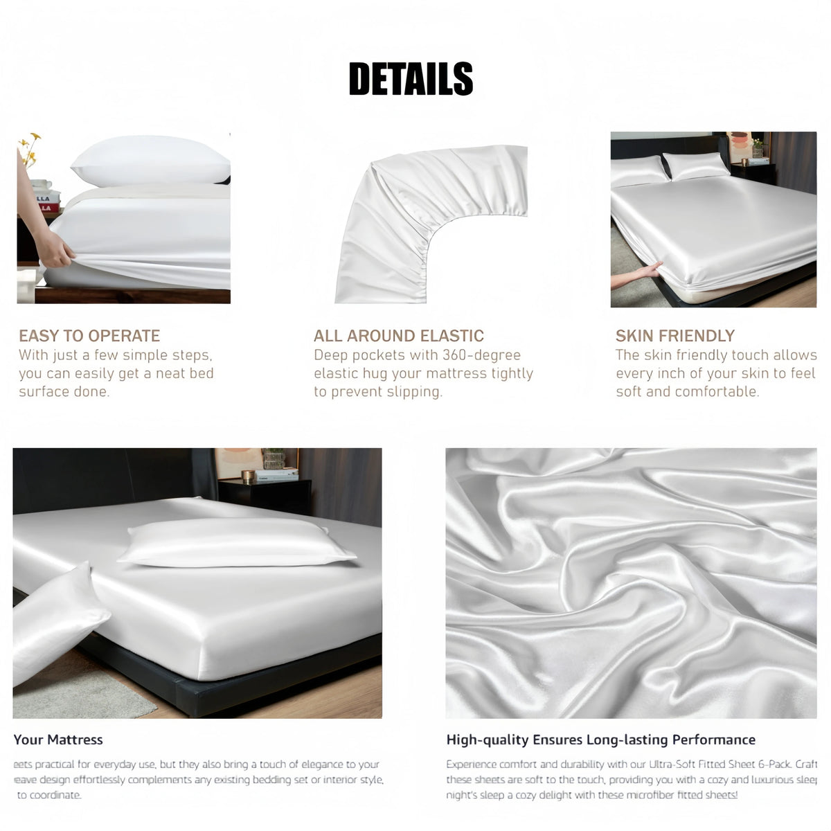 A white satin bedding set featuring a fitted sheet and pillow, highlighting its smooth texture and elastic band features.