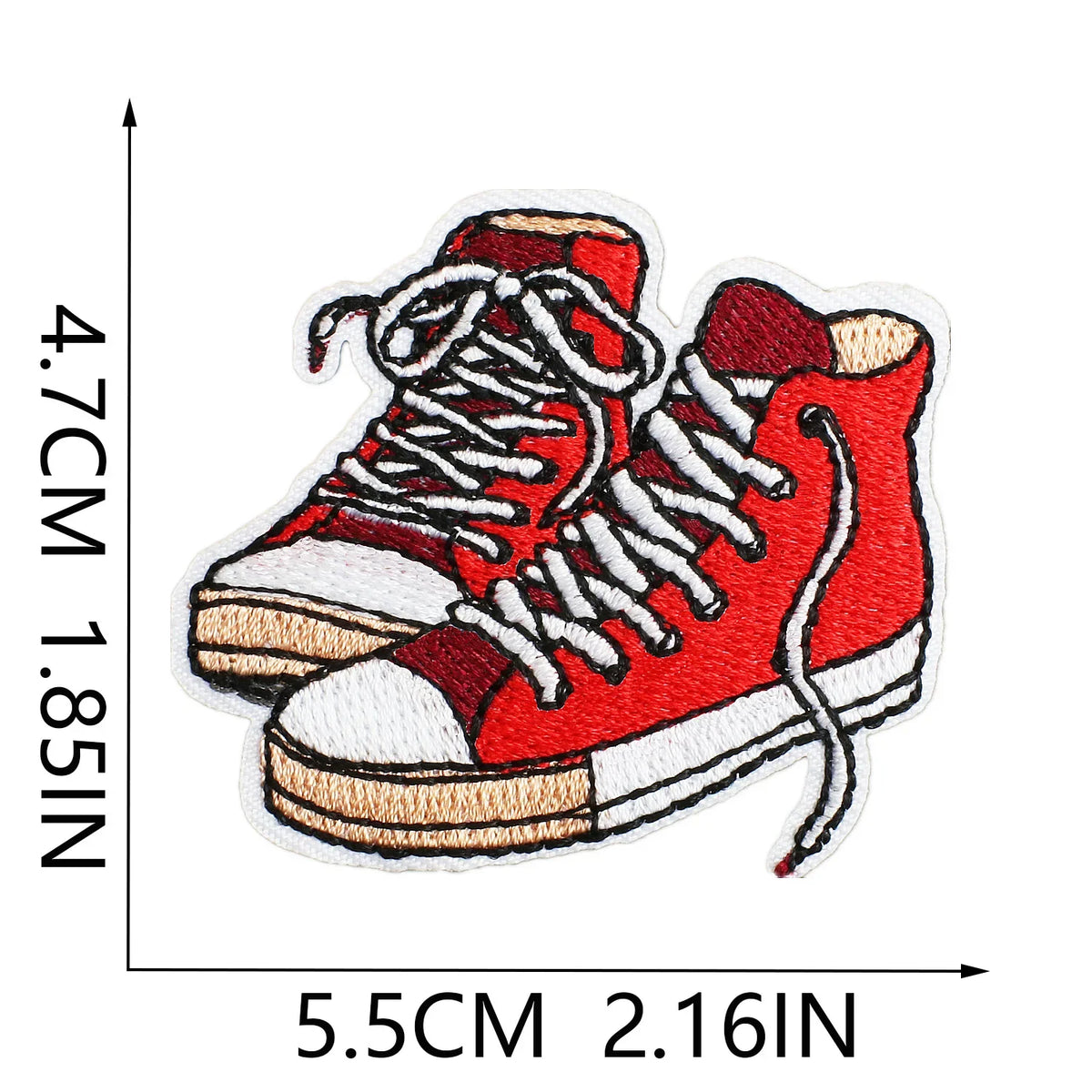 A pair of red and white athletic shoes with embroidered laces shown against a measurement scale.