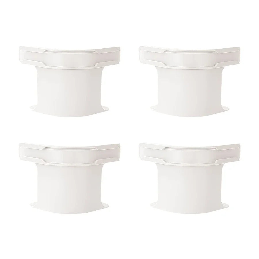 A set of four white adjustable bed sheet holders with non-slip grips.