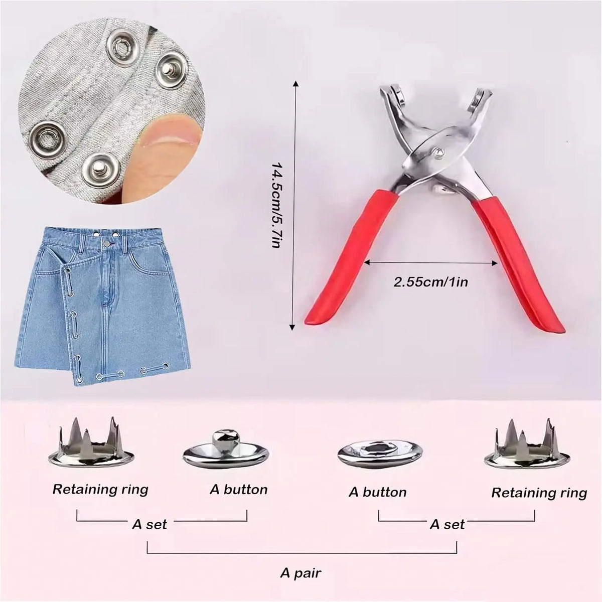 A precision snap fastener kit showing a metal tool, a gray fabric item, and various components like rings and buttons.