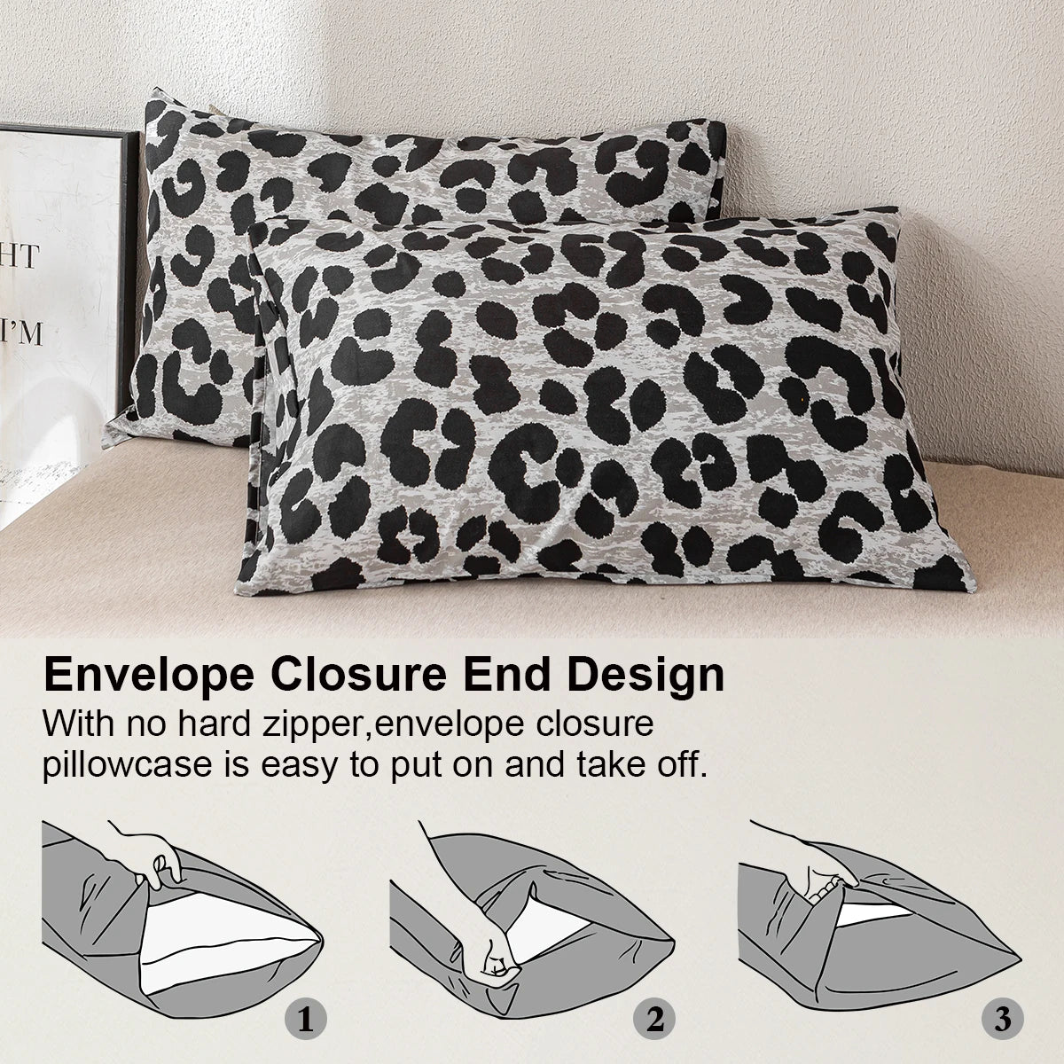 A close-up of a leopard print pillowcase with an envelope closure design.