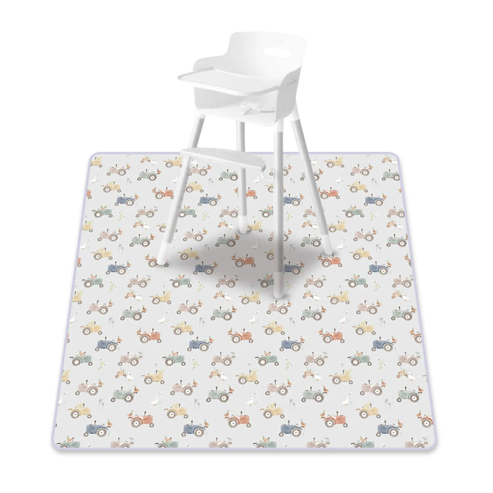 A white baby play mat with an anti-slip backing featuring a pattern of small vintage cars.