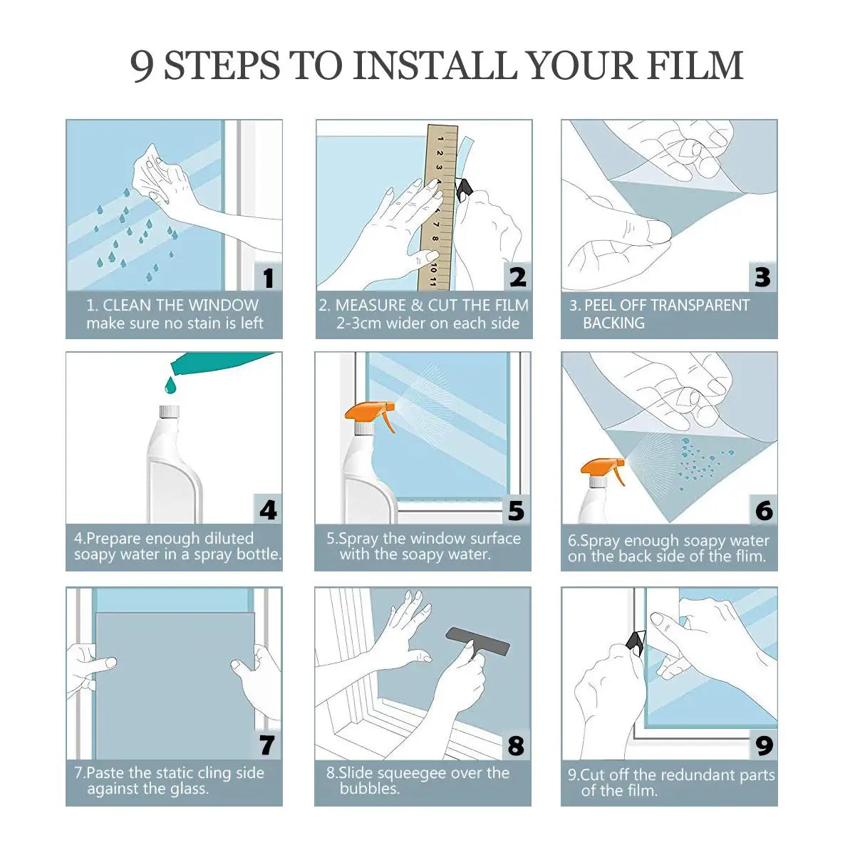 Nine steps illustrating how to install a one-way privacy window film on glass.