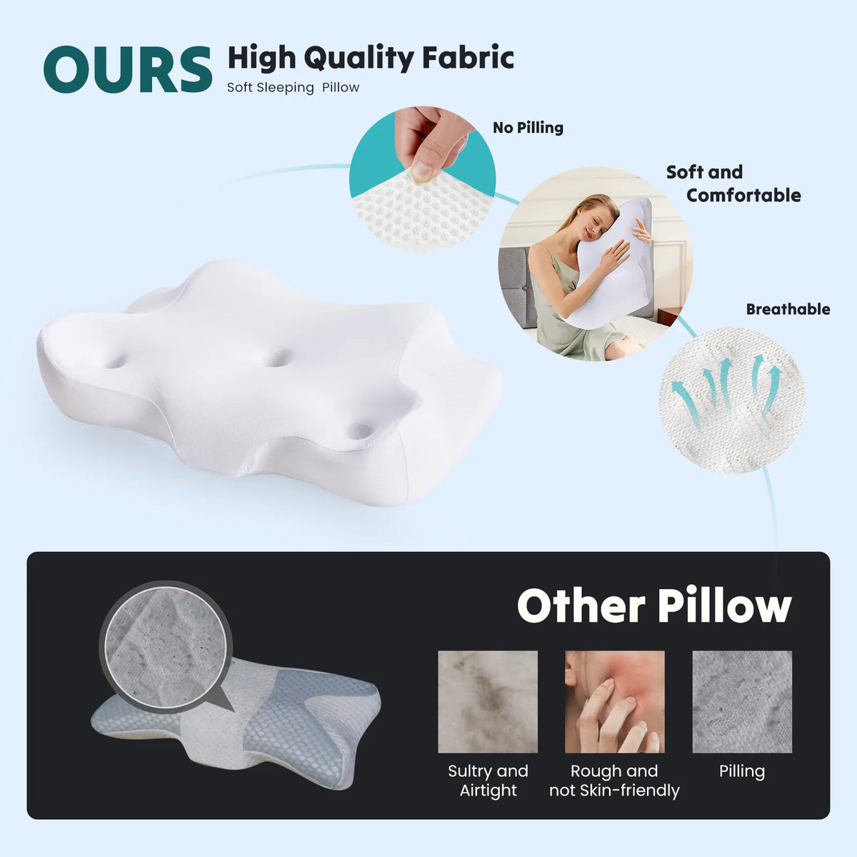 A white memory foam neck pillow is shown next to other pillows, highlighting its soft and breathable fabric.