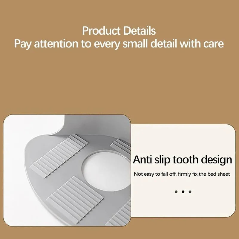 Close-up of a silver anti slip tooth design bed sheet corner tightener clip.