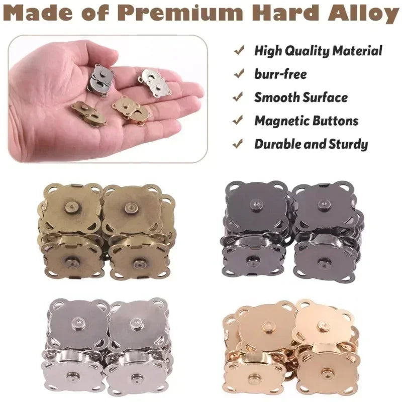 A hand holds a set of magnetic snap fasteners made of premium hard alloy with smooth surfaces and magnetic buttons.