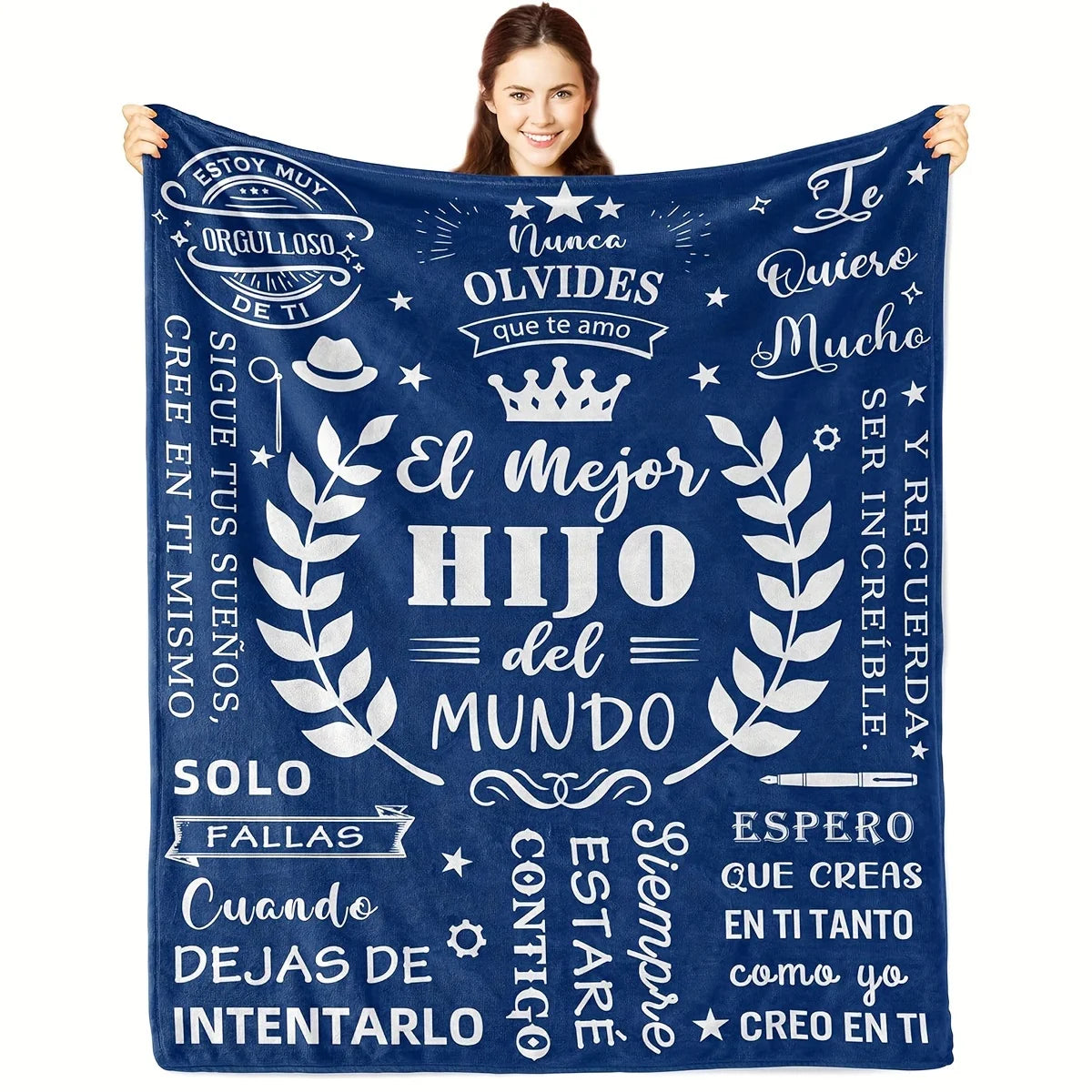 A dark blue fleece blanket featuring white text in Spanish celebrating a son and father relationship