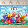 A colorful cartoon illustration of happy children and animals set against a bright blue sky backdrop for a birthday party.