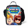 A black cartoon crossbody lunch bag featuring a Roblox themed graphic with a smiling character.