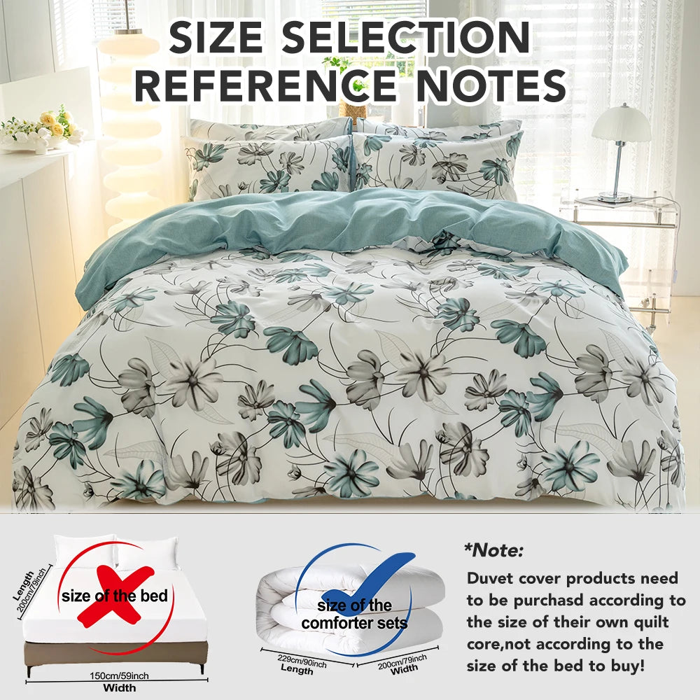 Reference notes for size selection of a watercolor floral duvet cover set, showing the product on a bed.