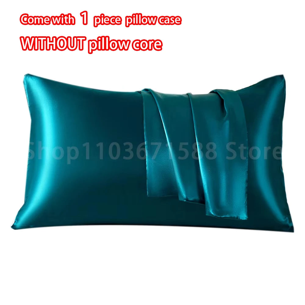 A teal satin pillowcase with an envelope closure, shown flat.