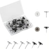 A clear plastic box containing a pack of transparent round head push pins and various pin types.