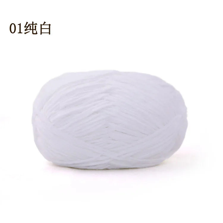 A ball of white 3mm matte chenille yarn for knitting and crochet.