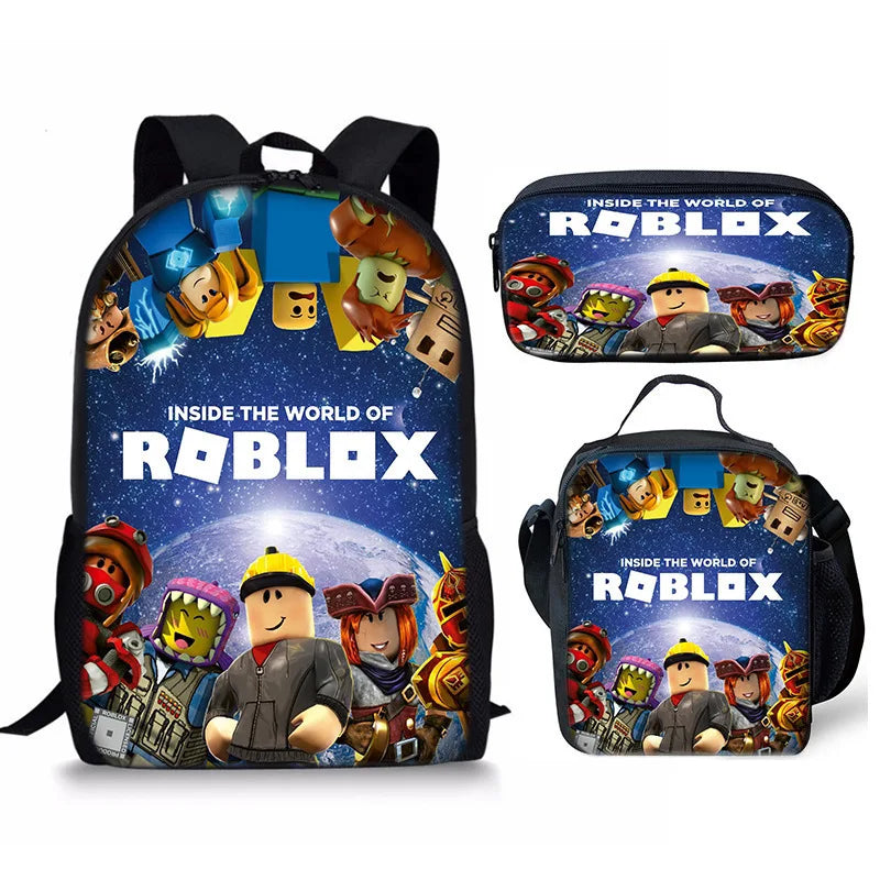 A black backpack featuring various Roblox cartoon characters and graphics on the front and inside.