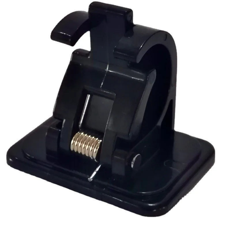 Black nail-free adjustable curtain rod hooks designed for hanging curtains.