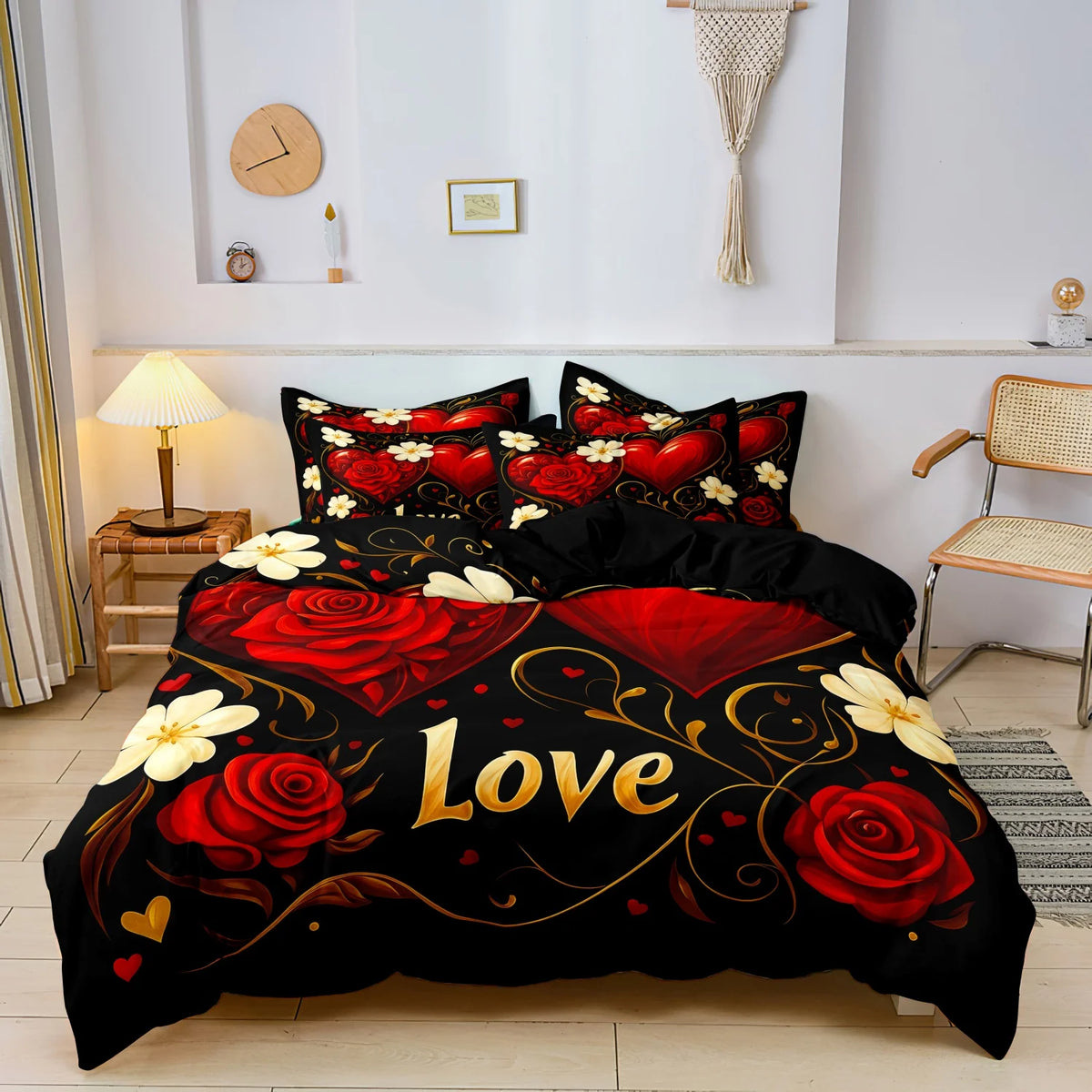 A black bedding set featuring a red floral heart print duvet cover and pillowcases with gold lettering.