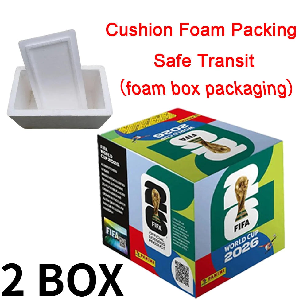 Two boxes of FIFA World Cup 2026 Panini football stickers with cushion foam packing for safe transit