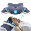 A dark gray ergonomic memory foam cervical pillow is shown with blue light accents, positioned for neck pain relief.