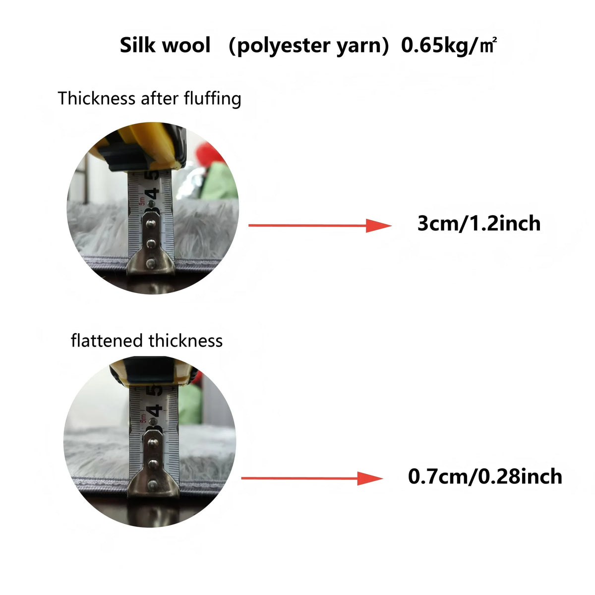 Comparison of silk wool thickness after fluffing and flattened thickness.