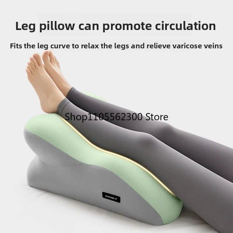 A gray leg pillow is shown fitted to a person's legs, promoting circulation and relieving varicose veins.