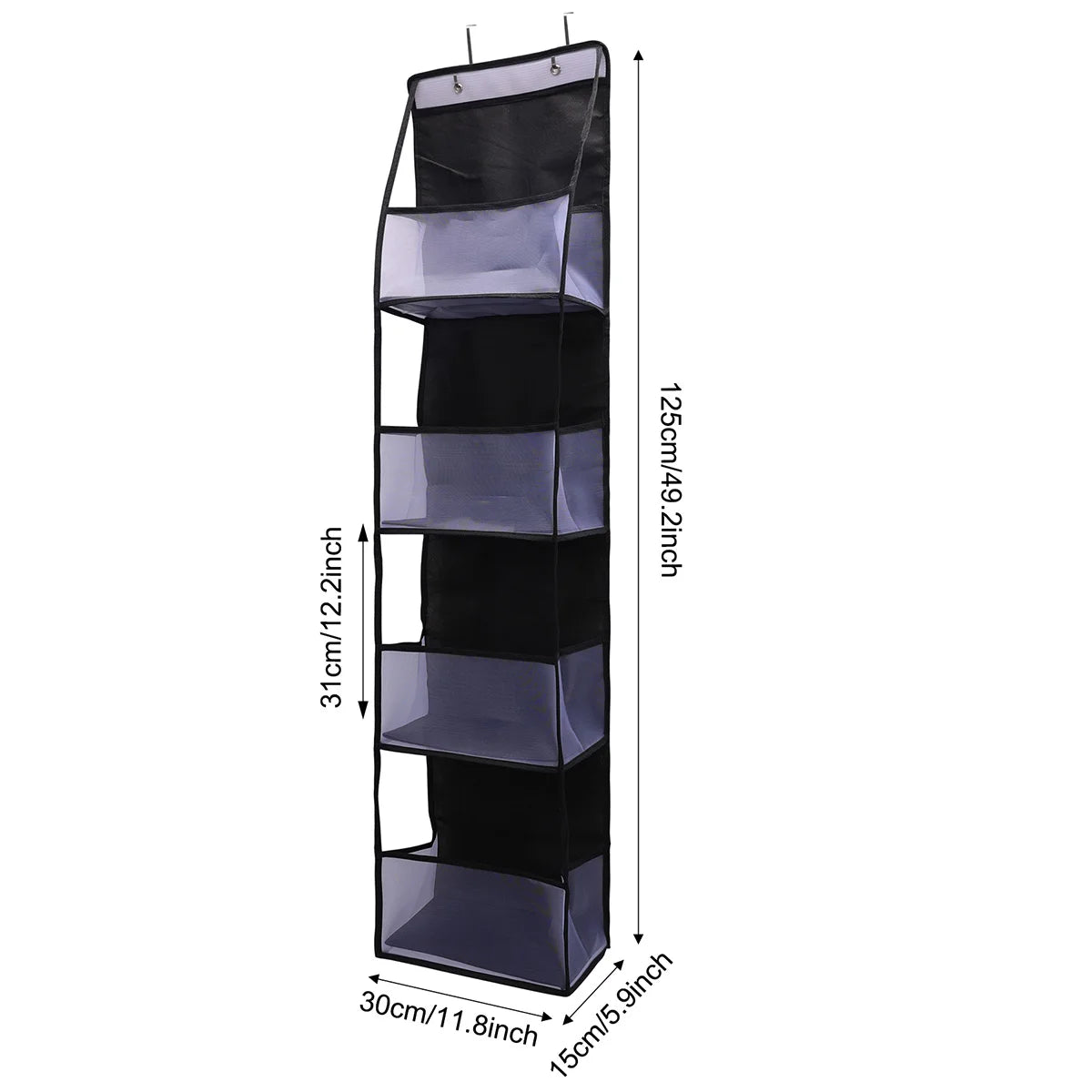 A tall, black foldable over-the-door storage organizer with multiple clear compartments.