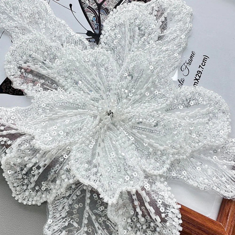 White floral applique fabric patch made of lace and sequins