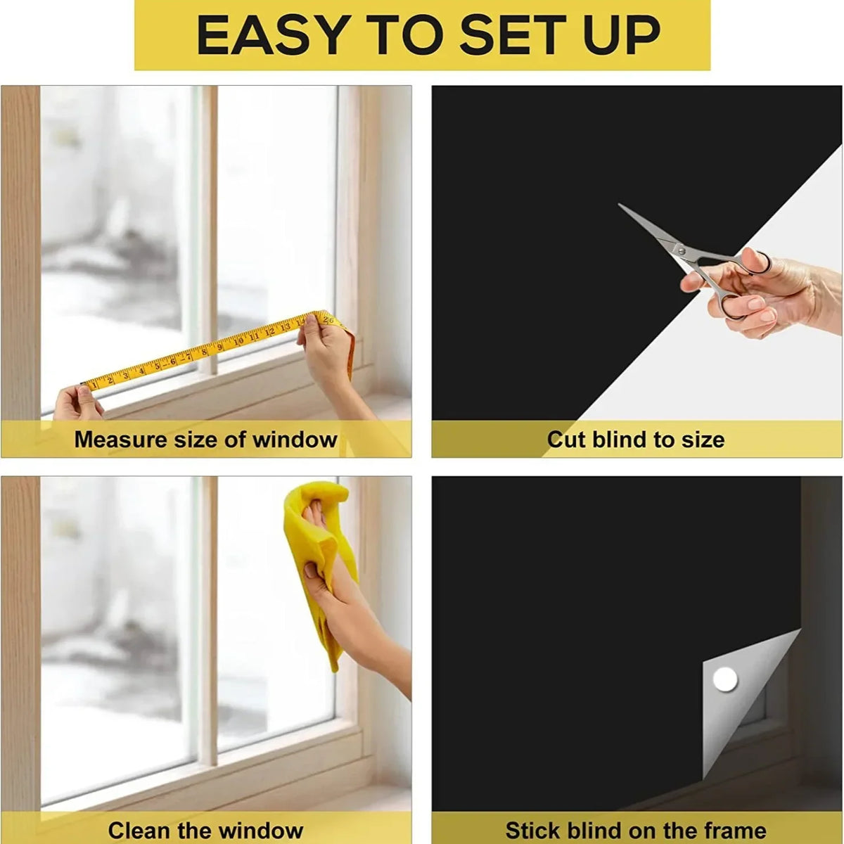 Instructions showing how to measure, cut, clean, and stick a blackout blind onto a window frame.