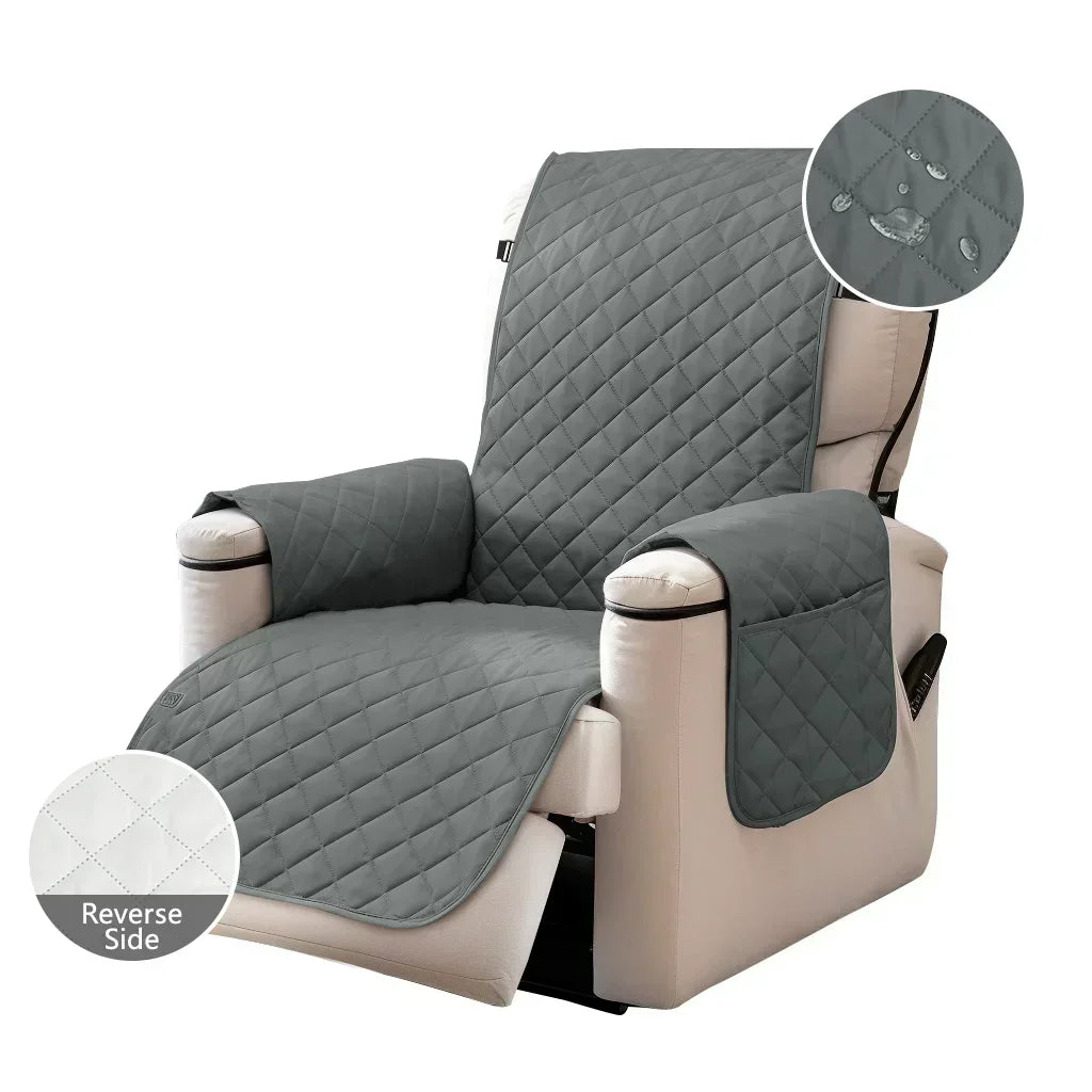 A gray washable recliner sofa slipcover with a beige frame and anti-slip strap.