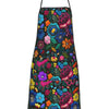 A dark floral tatting apron featuring colorful fabric flowers and leaves.