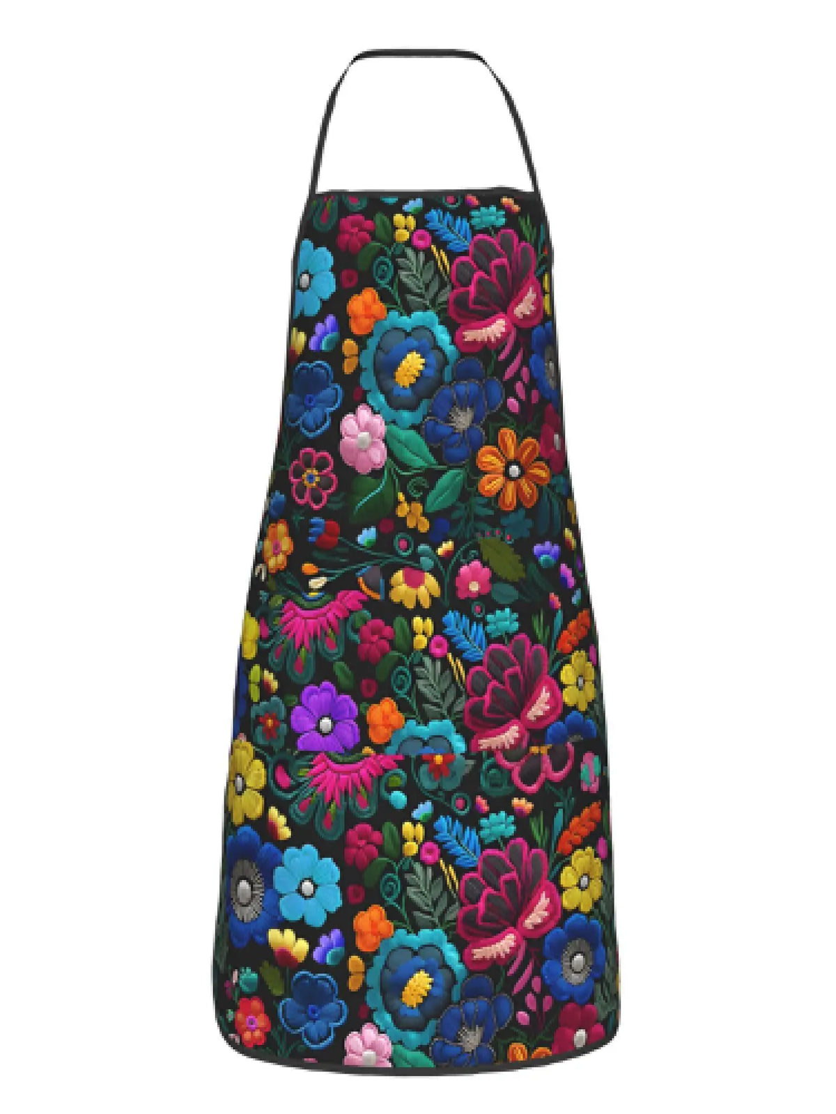 A dark floral tatting apron featuring colorful fabric flowers and leaves.