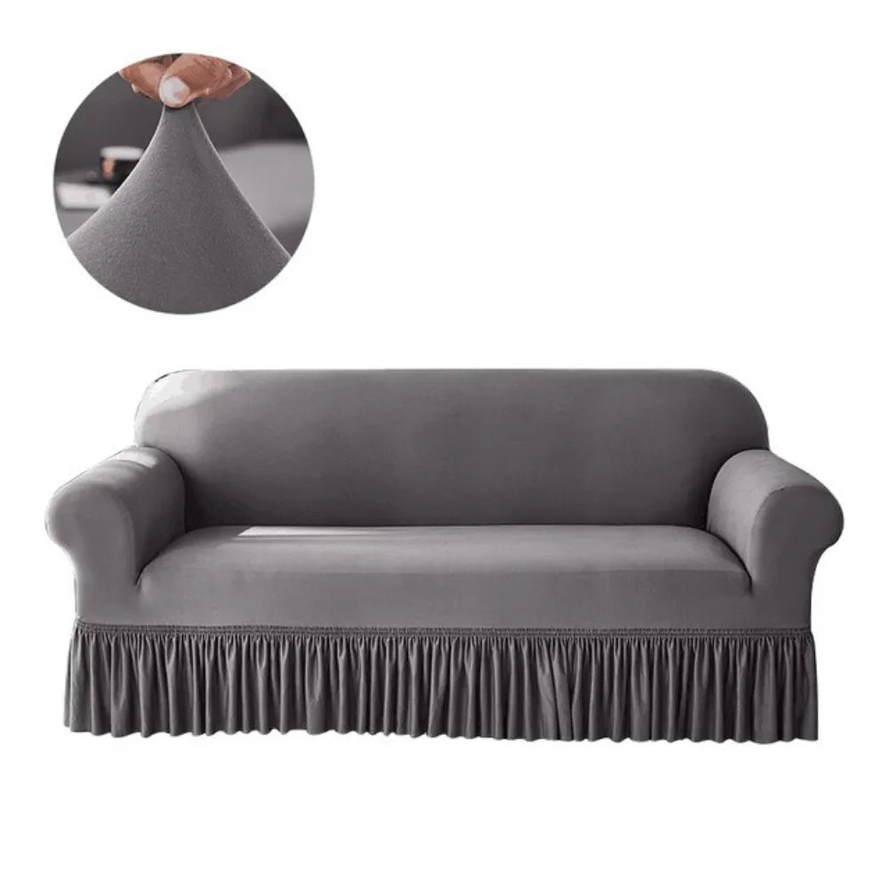 A gray dustproof stretch sofa slipcover shown in a close-up and full view.