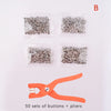 A set of 50 metal snap buttons and pliers for DIY sewing crafts, packaged in plastic.