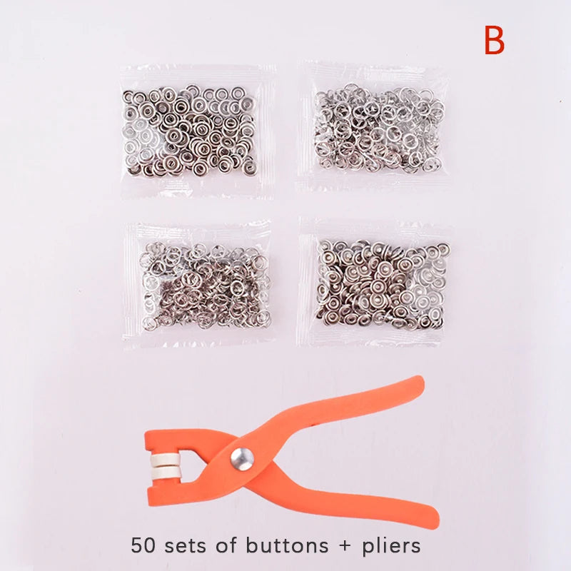 A set of 50 metal snap buttons and pliers for DIY sewing crafts, packaged in plastic.
