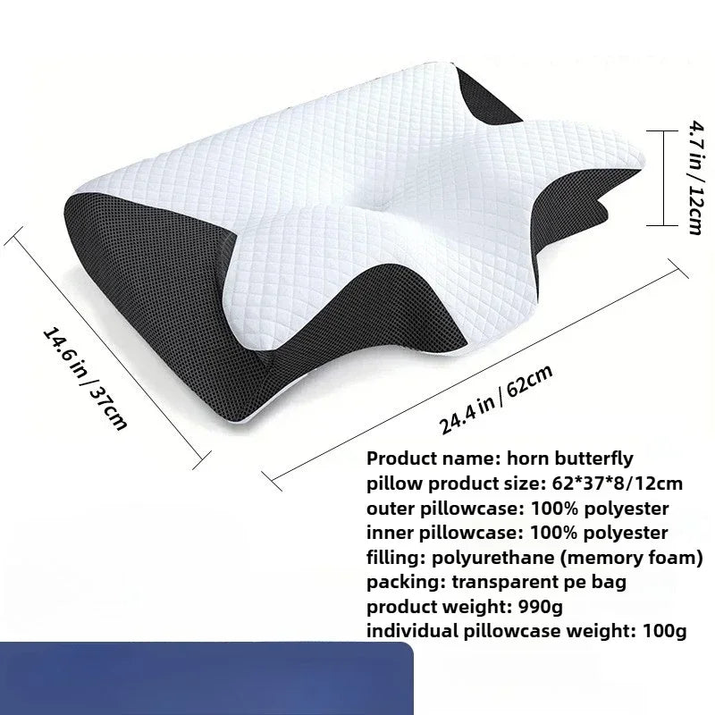 White horn butterfly memory foam pillow with black outer casing and transparent packaging
