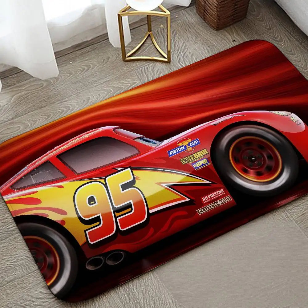 A glossy red and yellow cartoon racing car design on a door mat.