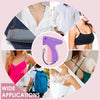 A collage showing various applications of a purple and pink stitching gun for clothing repair and customization.