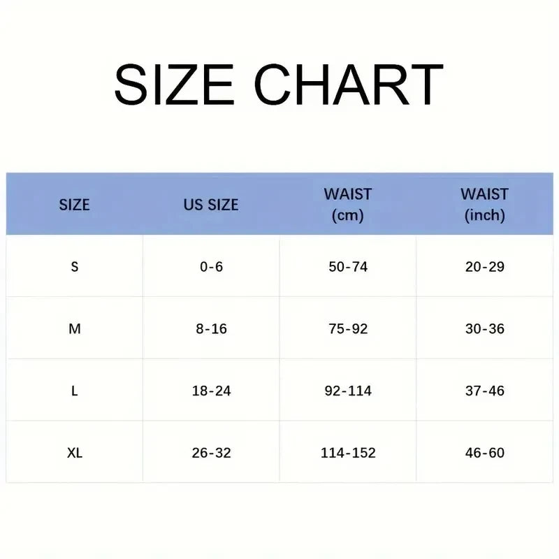 Size chart showing waist measurements in both centimeters and inches for various sizes S, M, L, and XL