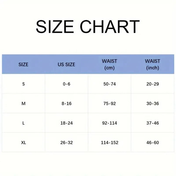 Size chart showing waist measurements in both centimeters and inches for various sizes S, M, L, and XL