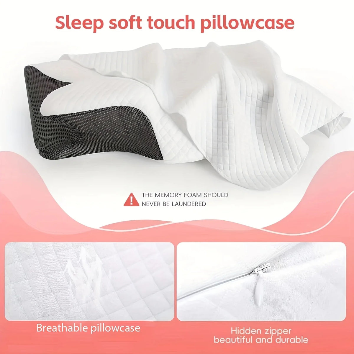 White sleep pillowcase with a black accent showing a quilted texture and a hidden zipper detail