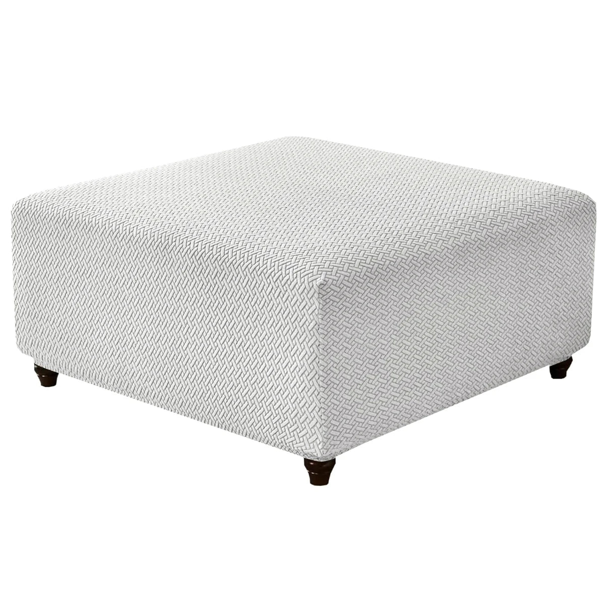 A square, white stretch jacquard ottoman and stool cover with a textured weave.